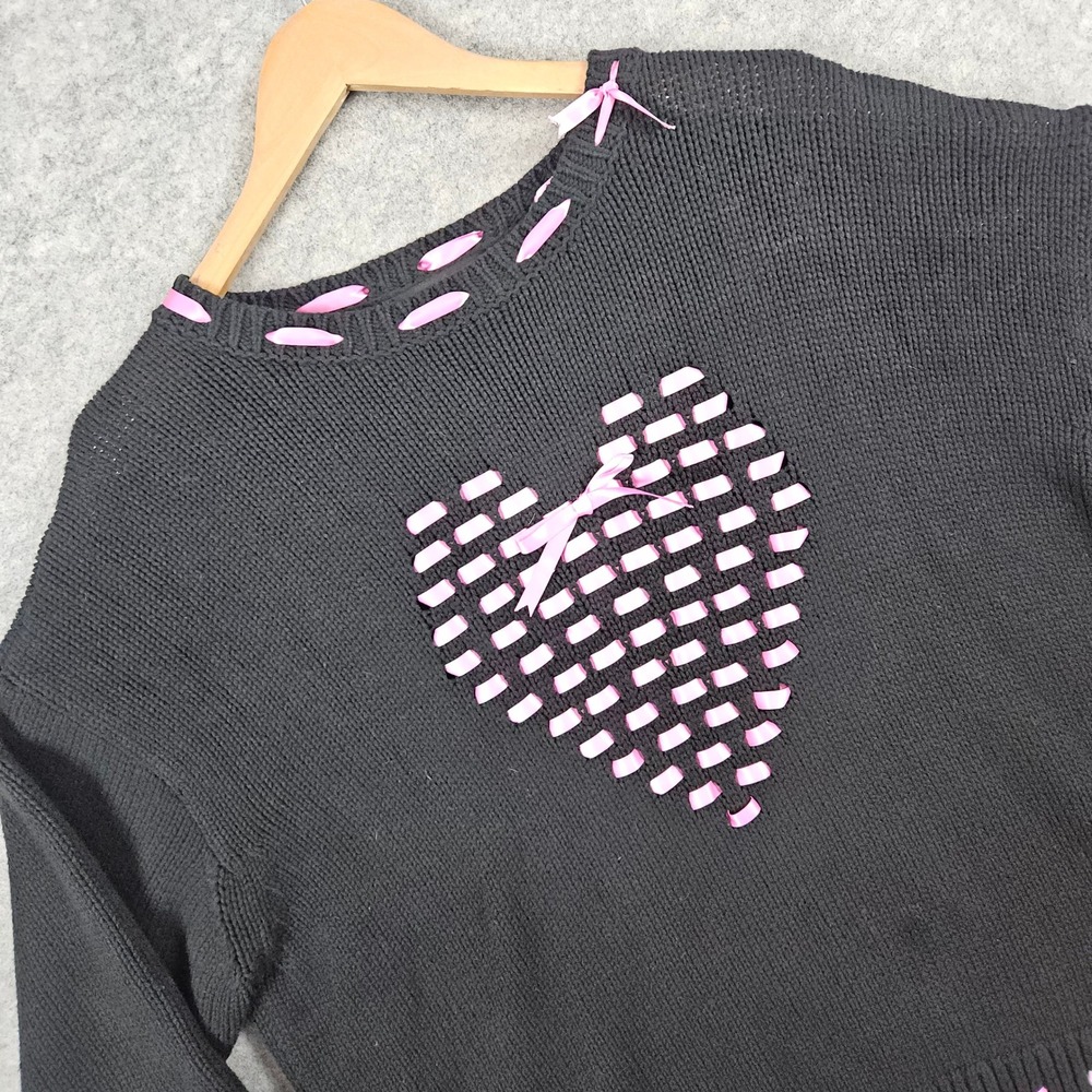 Teddy Fresh Black With Pink Ribbon Heart Knit Sweater Women's Size XL Heavy SPOT